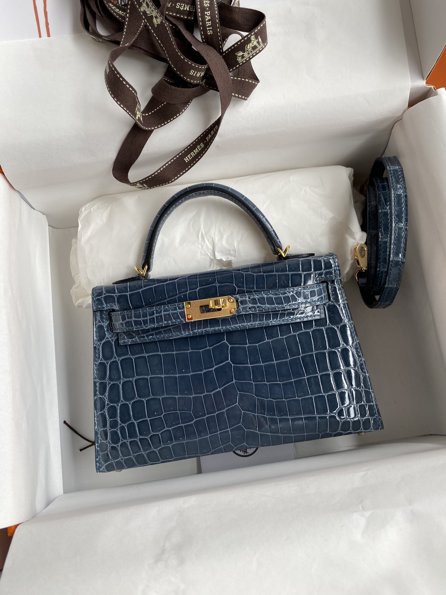 Hermes Kelly Mini II Bag 19CM In Mykonos Shiny Alligator Leather